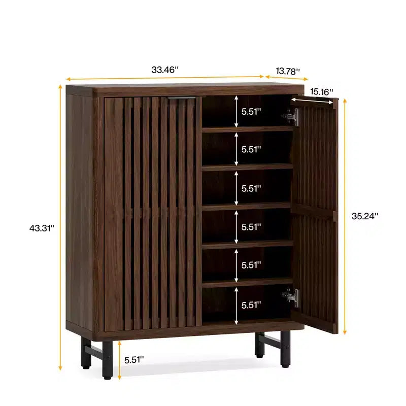 Mobiliere scarpiera in noce scuro MAYEERTY con ante a persiana traspiranti, mobile scarpiera in legno ventilato per ingresso