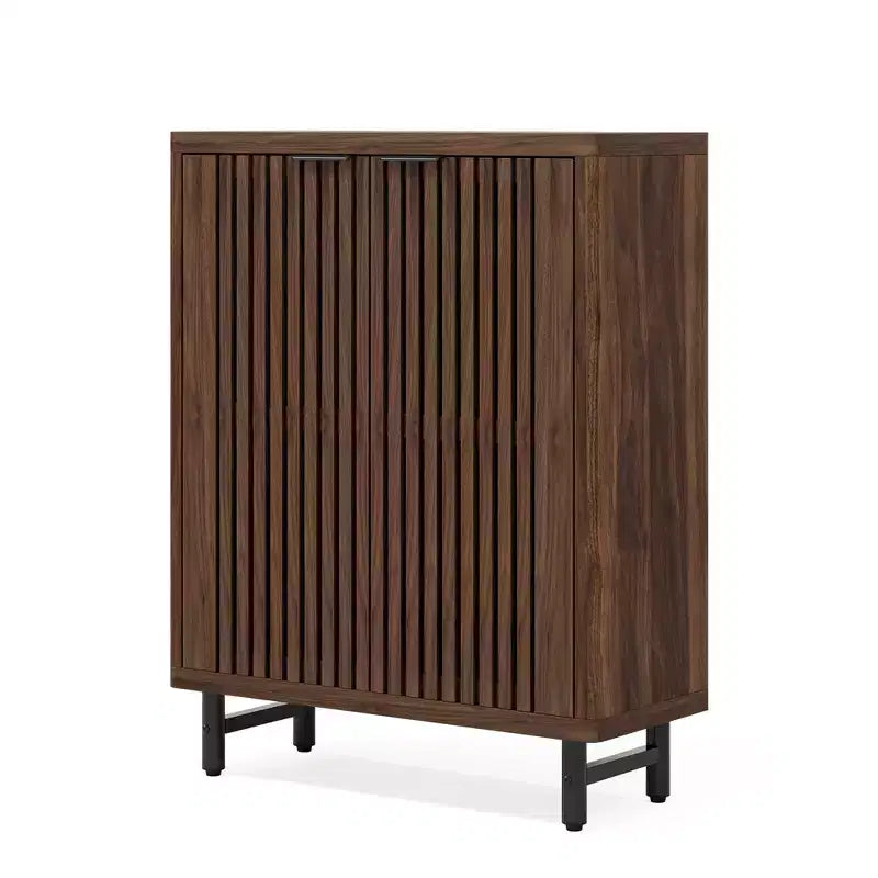 Mobiliere scarpiera in noce scuro MAYEERTY con ante a persiana traspiranti, mobile scarpiera in legno ventilato per ingresso