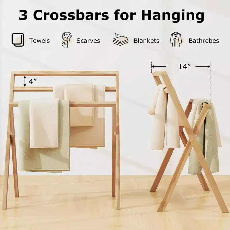 Costway Porta Asciugamani da Terra Pieghevole in Legno Teak con 3 Barre Trasversali