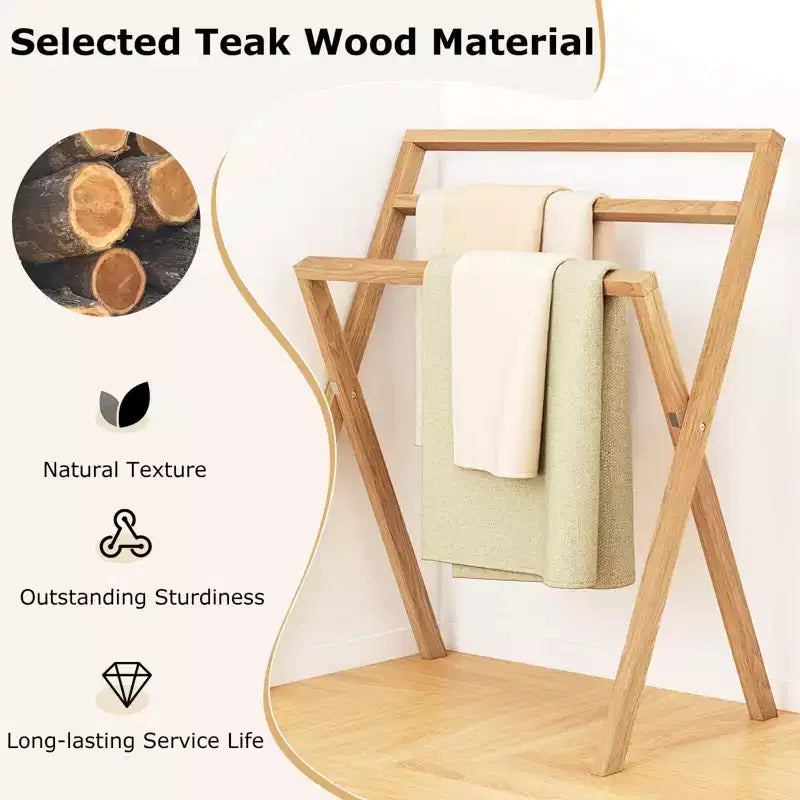 Costway Porta Asciugamani da Terra Pieghevole in Legno Teak con 3 Barre Trasversali