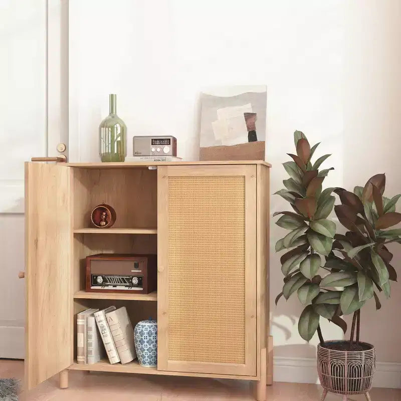 GDFStudio Elise Armadietto moderno di metà secolo con ante in rattan intrecciato e ripiani regolabili