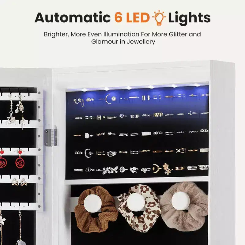MAYEERTY 47.2in Armadio portagioie da parete grande capacità con 6 LED, appendibile alla porta, organizer con serratura e specchio integrato