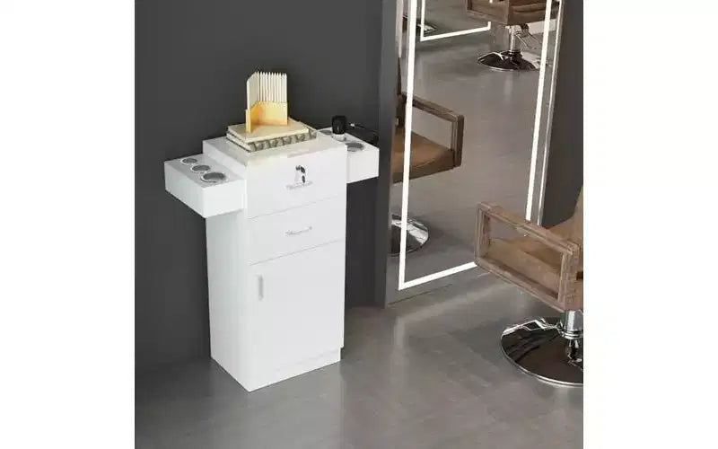 Karl Home Armadietto per barbiere in legno autoportante con 2 cassetti, 1 armadietto e 6 supporti per asciugacapelli
