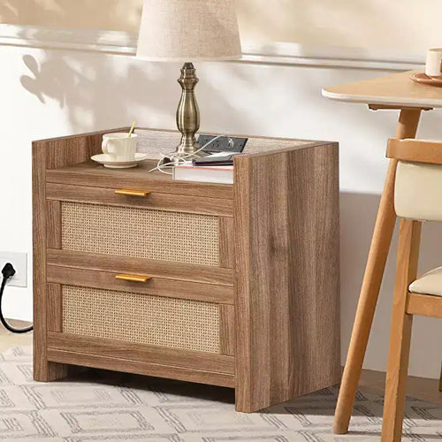 2 comodini in rattan con stazione di ricarica, comodino boho largo 60 cm con 2 cassetti, comodino moderno più grande per camera da letto, soggiorno