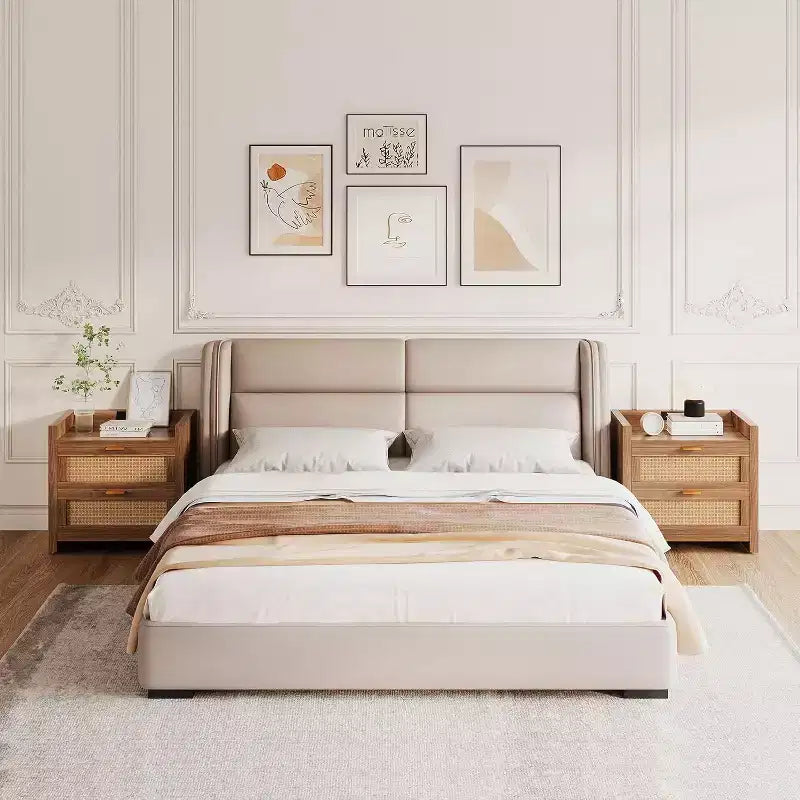 2 comodini in rattan con stazione di ricarica, comodino boho largo 60 cm con 2 cassetti, comodino moderno più grande per camera da letto, soggiorno