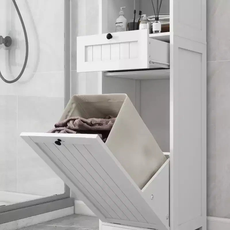 Mobile contenitore Okak con un cassetto e ripiano aperto, mobile lavanderia con cesto estraibile per bagno, soggiorno, bianco