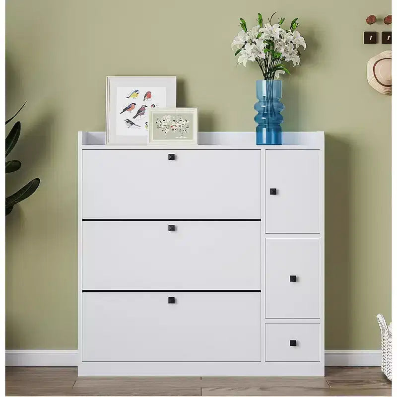 Okak Shoe Cabinet with 3 Tipping Buckets, Storage Cabinet with 1 Drawer and Pull-down Seat for Entryway, Living Room, White