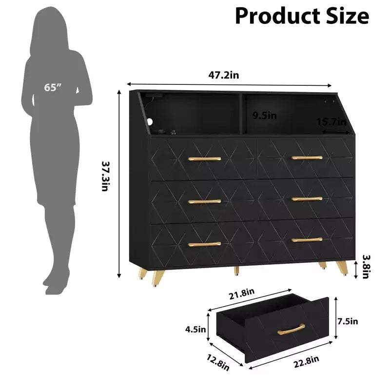COZONY 47 Comò Nero con Illuminazione, Cassettiera a 6 Cassetti con Stazione di Ricarica e Ripiano, Comò in Legno con Gambe in Metallo per Camera da Letto, Soggiorno