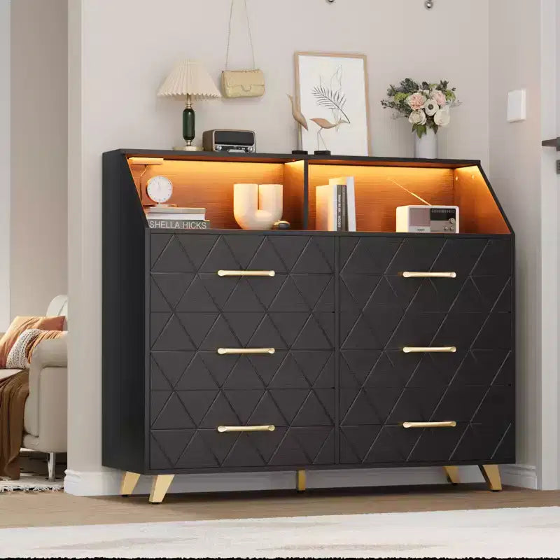 COZONY 47 Comò Nero con Illuminazione, Cassettiera a 6 Cassetti con Stazione di Ricarica e Ripiano, Comò in Legno con Gambe in Metallo per Camera da Letto, Soggiorno
