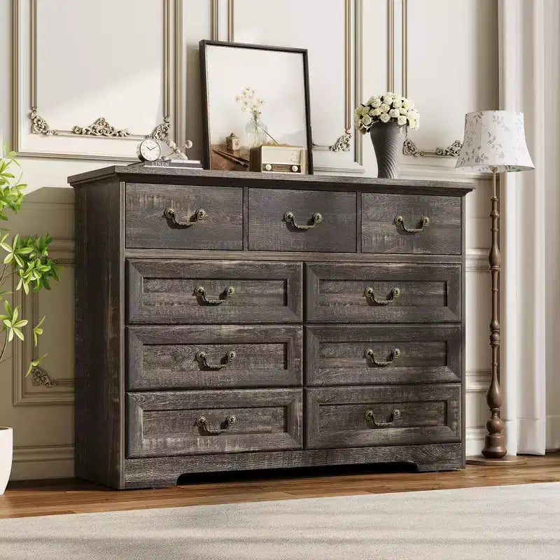 Comò da camera a 9 cassetti in stile rustico - Legno vintage con texture naturale, ampio spazio per vestiti e oggetti essenziali, organizzatore versatile