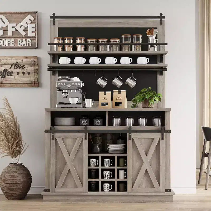 75 Armadietto Alto per Caffè Grande Mobile da Cucina Dispensa Contenitore Bianco Mobile Bar Caffè Credenza con Anta Scorrevole a Fienile