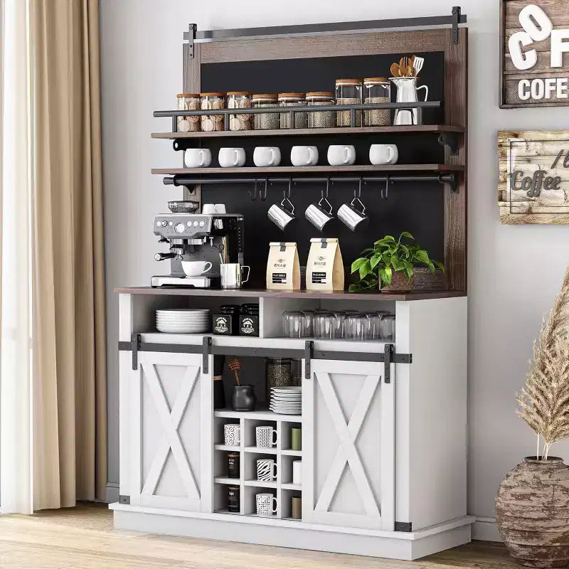 75 Armadietto Alto per Caffè Grande Mobile da Cucina Dispensa Contenitore Bianco Mobile Bar Caffè Credenza con Anta Scorrevole a Fienile