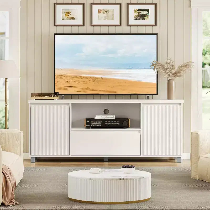 63'' Fluted TV Stand for TV up to 70'', Modern Entertainment Center with Drawer, 2 Storage Cabinets and Open Shelf, TV Media Console Table