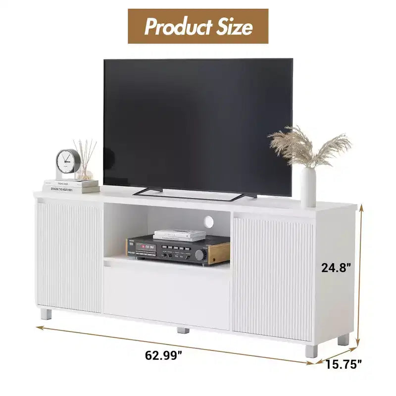 Mobile TV scanalato da 63'' per TV fino a 70'', moderno centro di intrattenimento con cassetto, 2 armadietti e mensola aperta, tavolo console multimediale per TV
