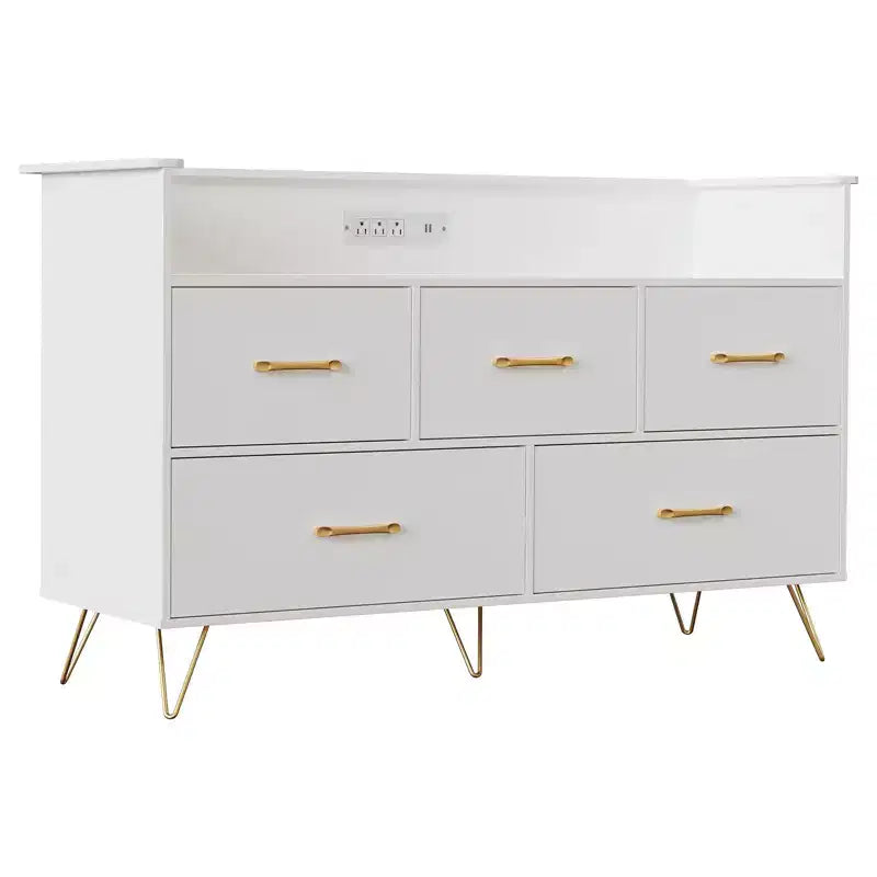Cassettiera per Camera da Letto, Cassettiera Larga 120 cm con Luci a LED, Stazione di Ricarica e 5 Cassetti Scorrevole, Mobile Contenitore Moderno in Legno