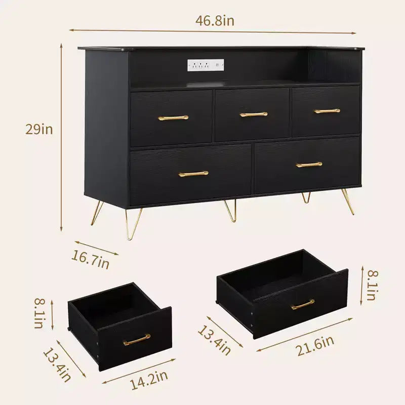 Cassettiera per Camera da Letto, Cassettiera Larga 120 cm con Luci a LED, Stazione di Ricarica e 5 Cassetti Scorrevole, Mobile Contenitore Moderno in Legno