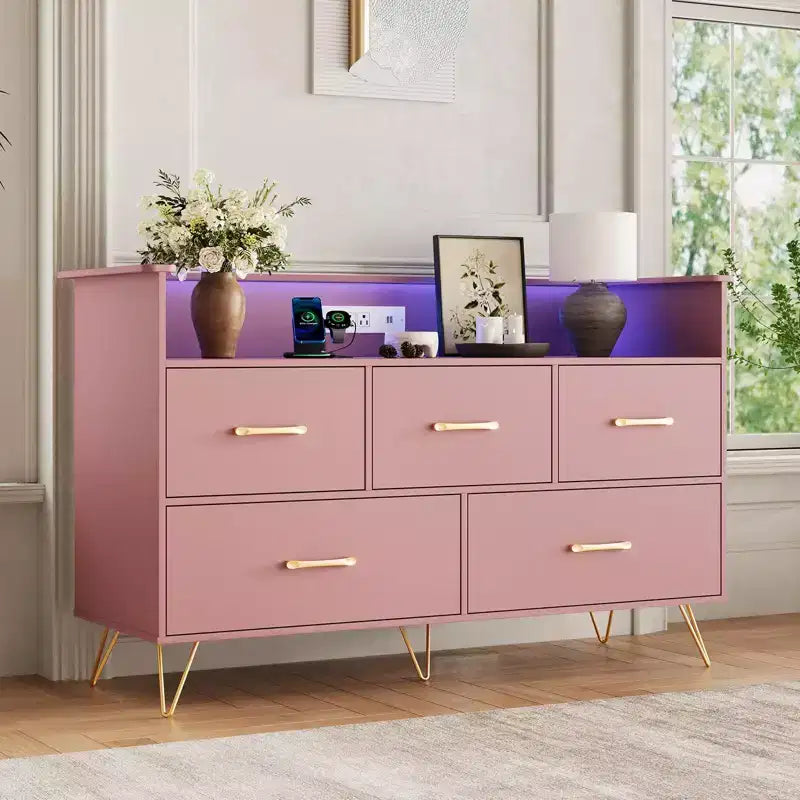 Cassettiera per Camera da Letto, Cassettiera Larga 120 cm con Luci a LED, Stazione di Ricarica e 5 Cassetti Scorrevole, Mobile Contenitore Moderno in Legno