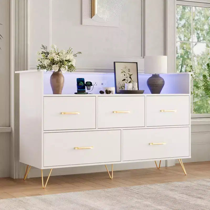 Cassettiera per Camera da Letto, Cassettiera Larga 120 cm con Luci a LED, Stazione di Ricarica e 5 Cassetti Scorrevole, Mobile Contenitore Moderno in Legno