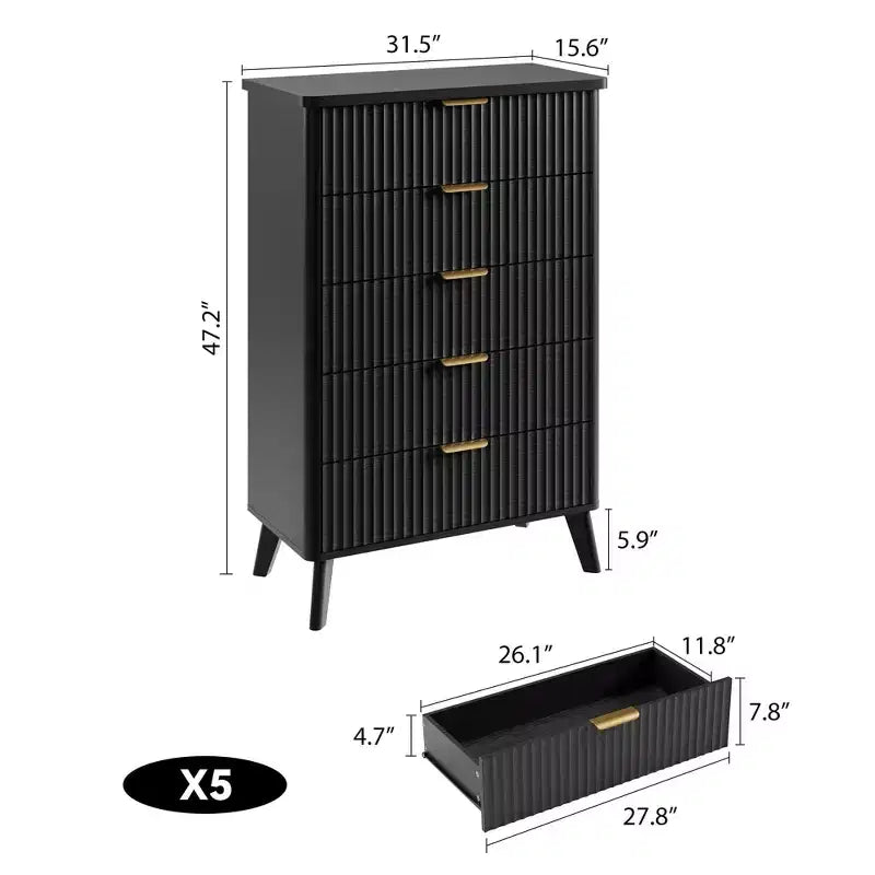 Comò scanalato per camera da letto con 5 cassetti profondi, cassettiera alta 120 cm con piano effetto marmo, design dal profilo curvo, comò moderno in legno