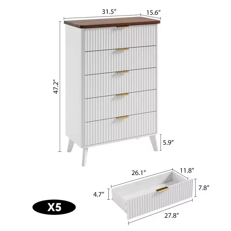 Comò scanalato per camera da letto con 5 cassetti profondi, cassettiera alta 120 cm con piano effetto marmo, design dal profilo curvo, comò moderno in legno