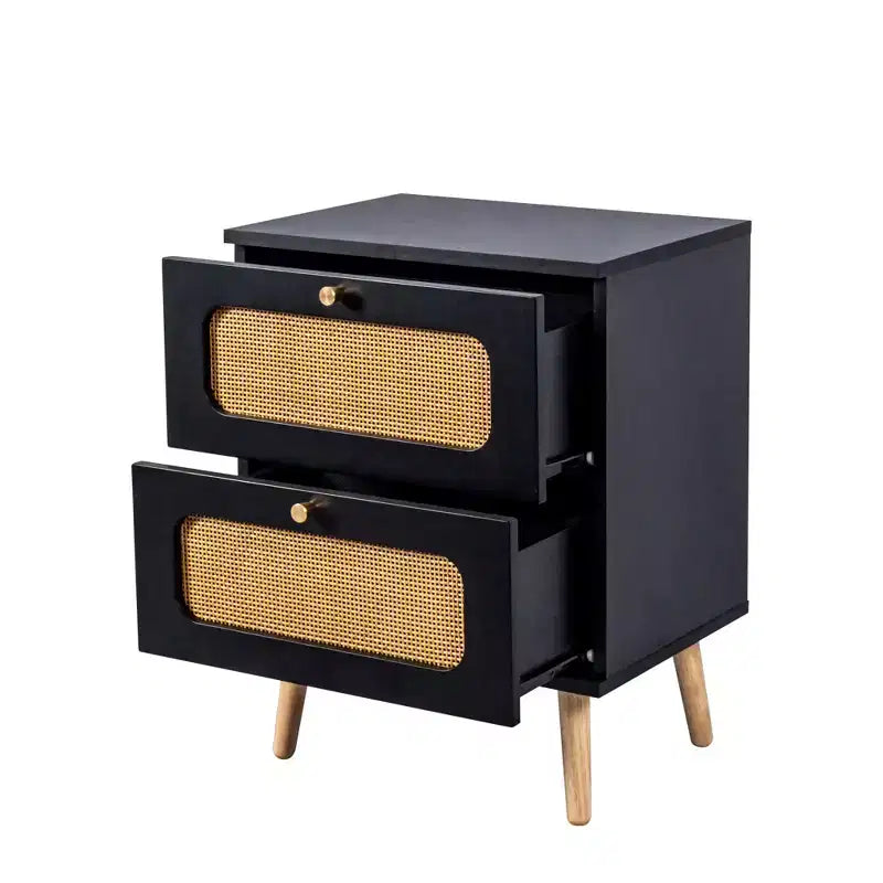 Comodino in Rattan, Tavolino Laterale in Legno Stile Rustico con 2 Cassetti in Rattan Fatti a Mano, Comodino Piccolo per Soggiorno, Camera da Leto, Ufficio, Studio
