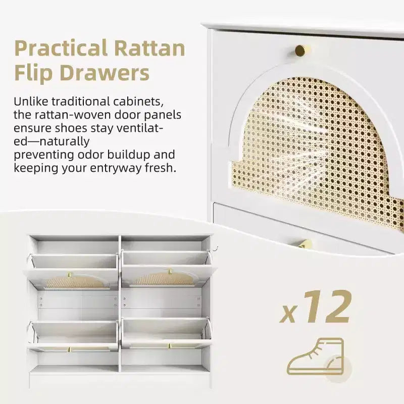 Scarpiera sottile con cassetti a ribalta e 4 ante in rattan, elegante organizer per scarpe da ingresso