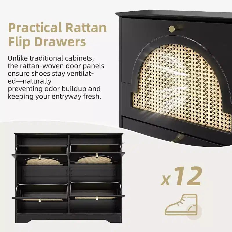 Scarpiera sottile con cassetti a ribalta e 4 ante in rattan, elegante organizer per scarpe da ingresso