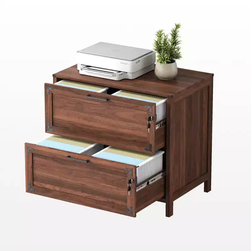 Cassettiera laterale a 2 cassetti con serratura, classificatore per ufficio in casa, schedario con serratura marrone stile rustico