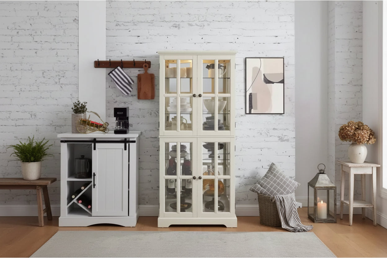 Lighted Curio CabinetGlass Display Case with Mirrored Back Panels, 4-Door Antique Collection Storage Stand and Bar for Dining Room