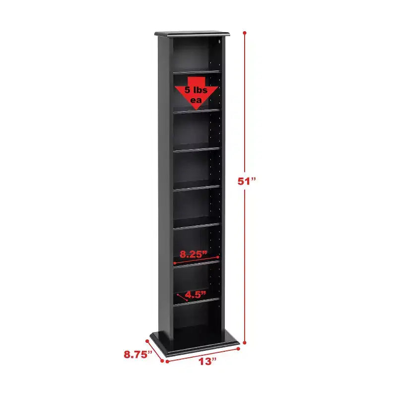 Torre per l'archiviazione multimediale sottile nera - Prepac: Mobile multimediale moderno con ripiani regolabili, contiene 160 CD, 65 DVD