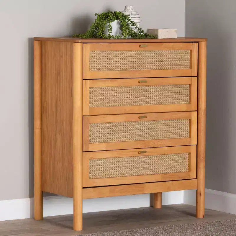 Cassettiera Baxton Studio Jenn Wood a 4 cassetti con rattan rifinito anticato marrone dorato/rattan anticato