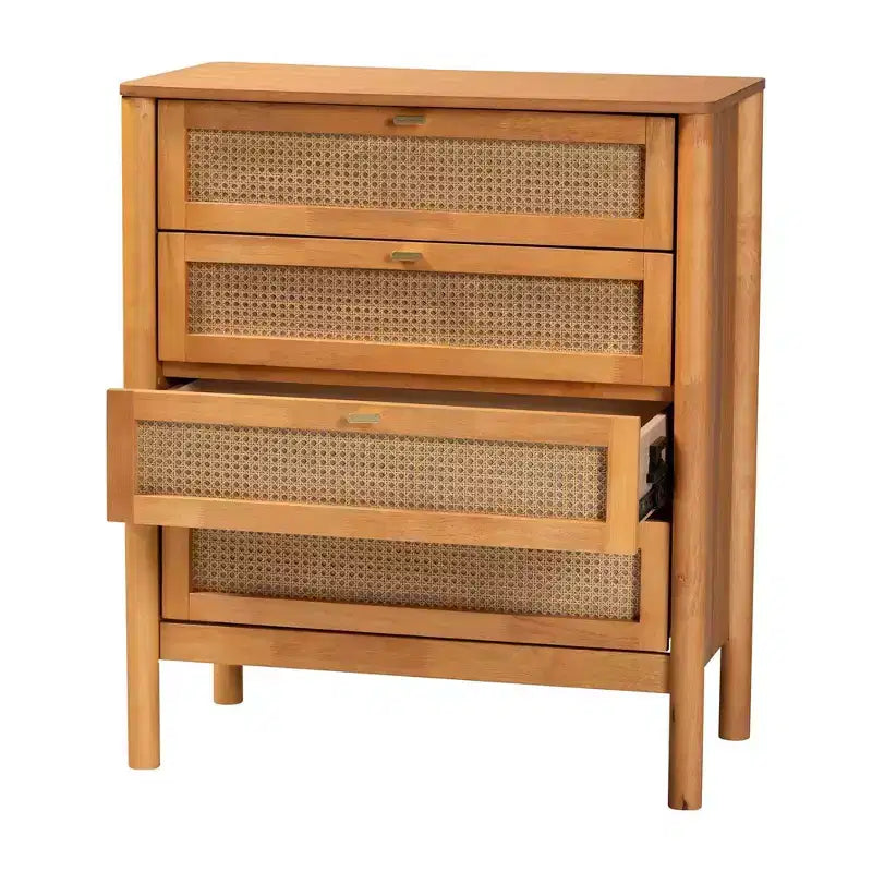 Cassettiera Baxton Studio Jenn Wood a 4 cassetti con rattan rifinito anticato marrone dorato/rattan anticato