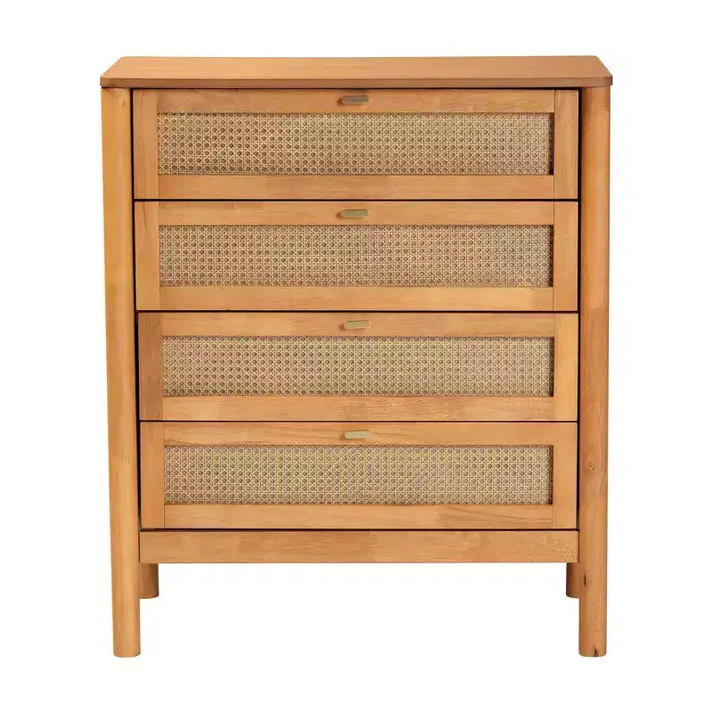 Cassettiera Baxton Studio Jenn Wood a 4 cassetti con rattan rifinito anticato marrone dorato/rattan anticato