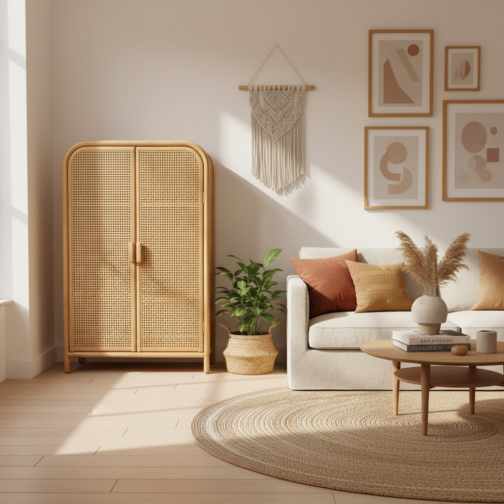 bali & pari Curacao Rattan 2 Door Storage Cabinet Light honey: Plywood Frame, Fixed Shelves, No Assembly Required