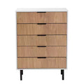 Cassettiera Baxton Studio Karima Mid-Century Modern a 5 cassetti con finitura bicolore bianco e marrone naturale e dettagli in metallo nero