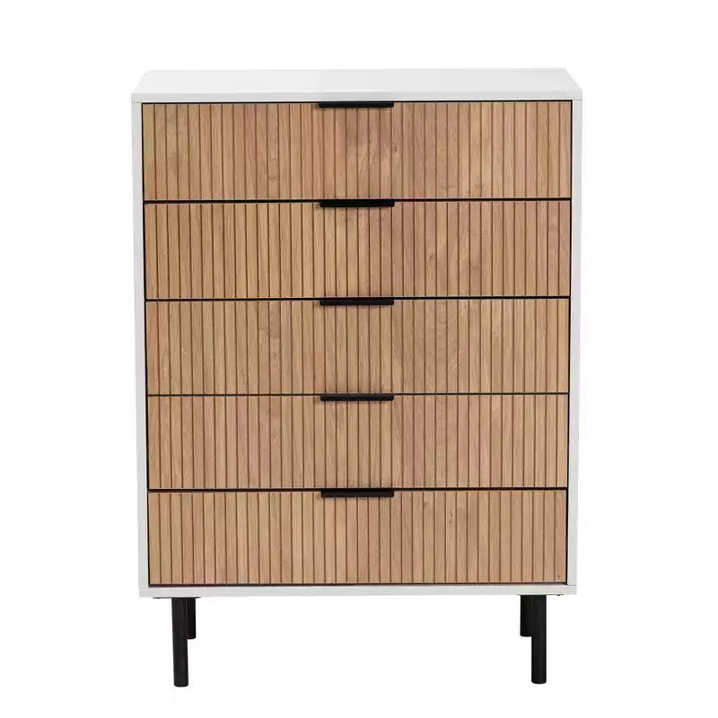 Cassettiera Baxton Studio Karima Mid-Century Modern a 5 cassetti con finitura bicolore bianco e marrone naturale e dettagli in metallo nero