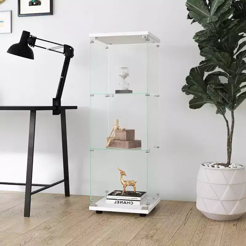 Vetrina Moderna in Vetro con Anta Trasparente, da Terra, Libreria in Vetro a 3 Ripiani per Soggiorno e Ufficio